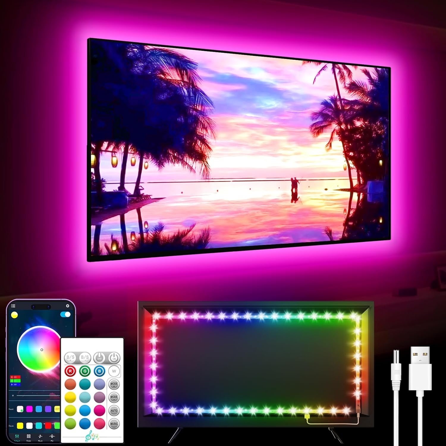 LED TV Backlight Strip 5M – RGB Music Sync Bluetooth Lights for 45–75" TVs