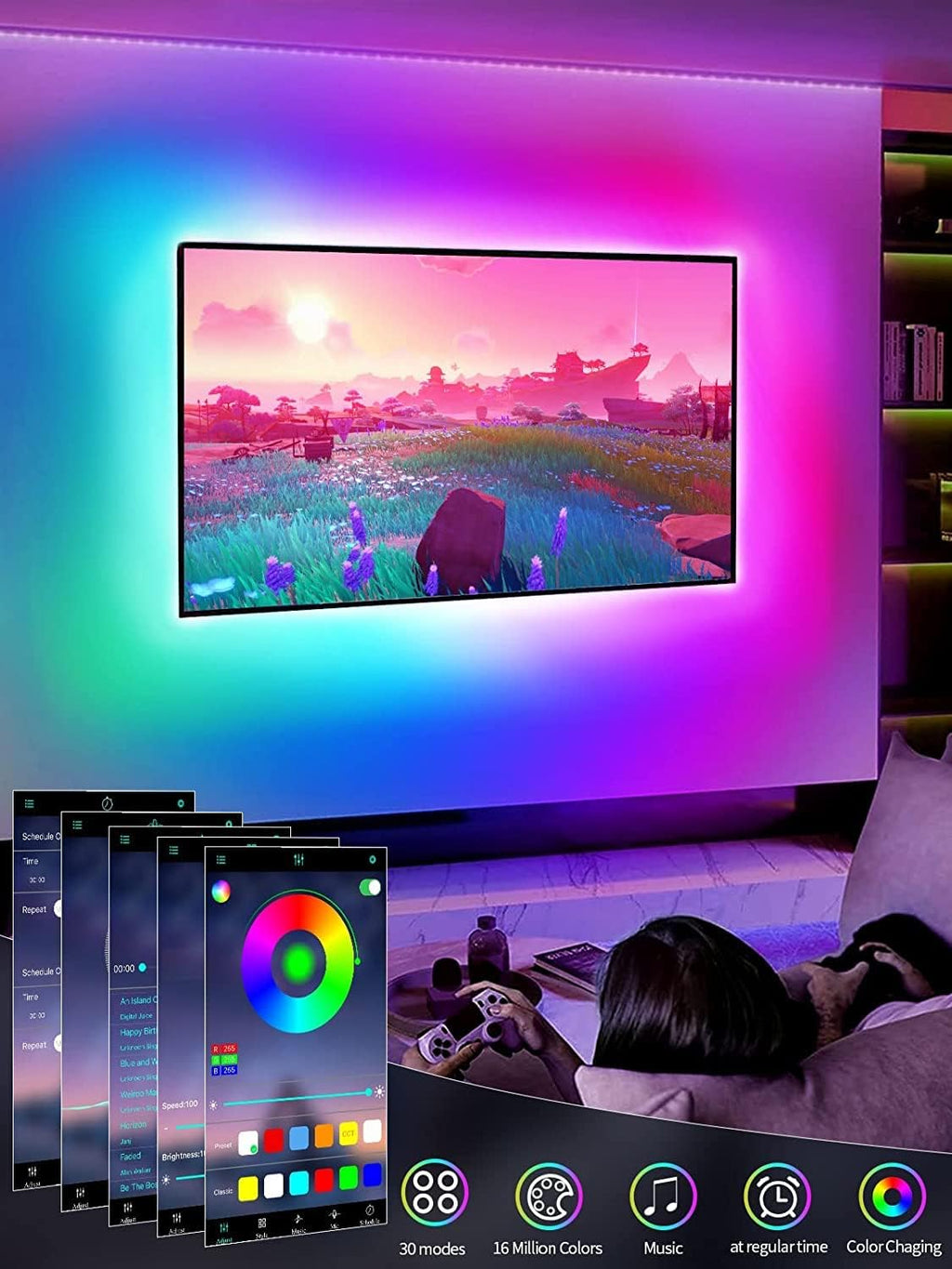 LED TV Backlight Strip 5M – RGB Music Sync Bluetooth Lights for 45–75" TVs