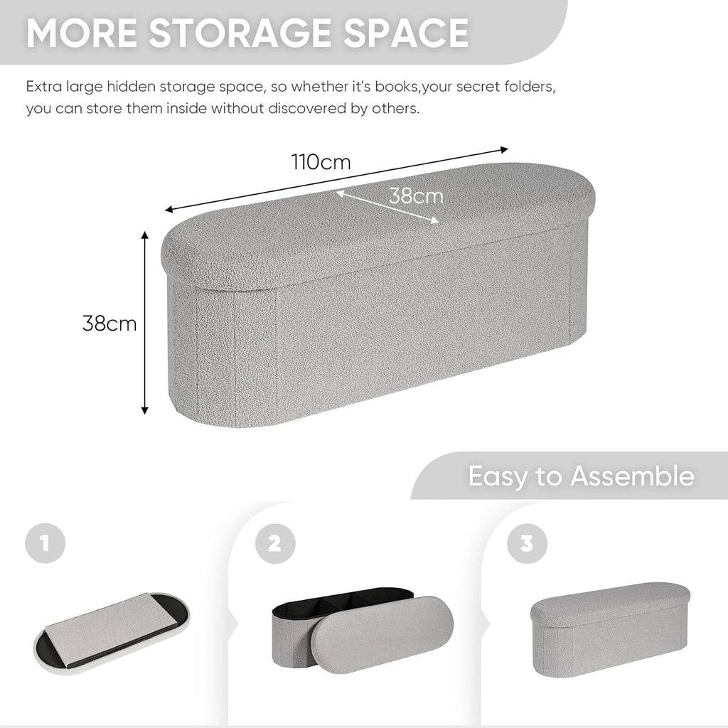 Boucle Ottoman Storage Bench – Folding End-of-Bed Stool, 100L Capacity