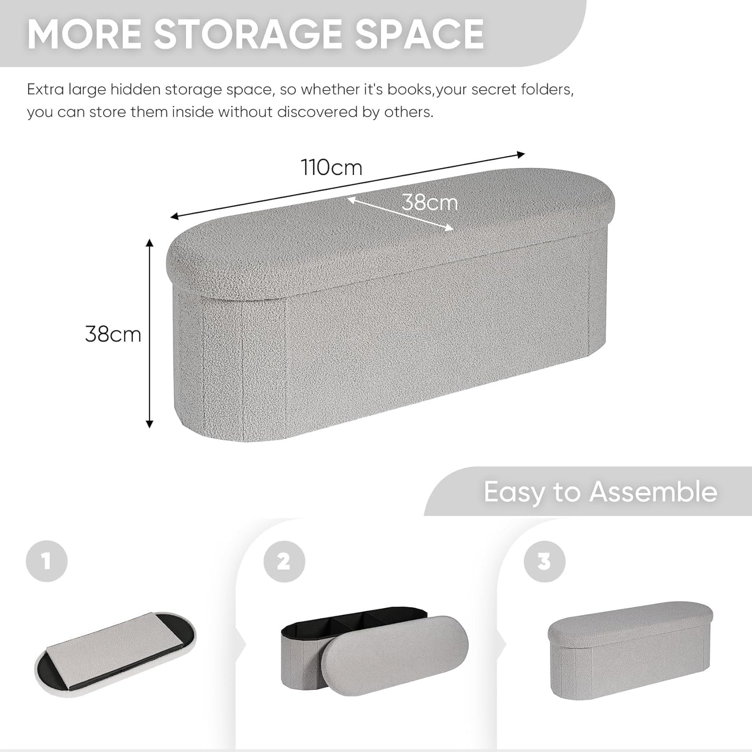 Boucle Ottoman Storage Bench – Folding End-of-Bed Stool, 100L Capacity