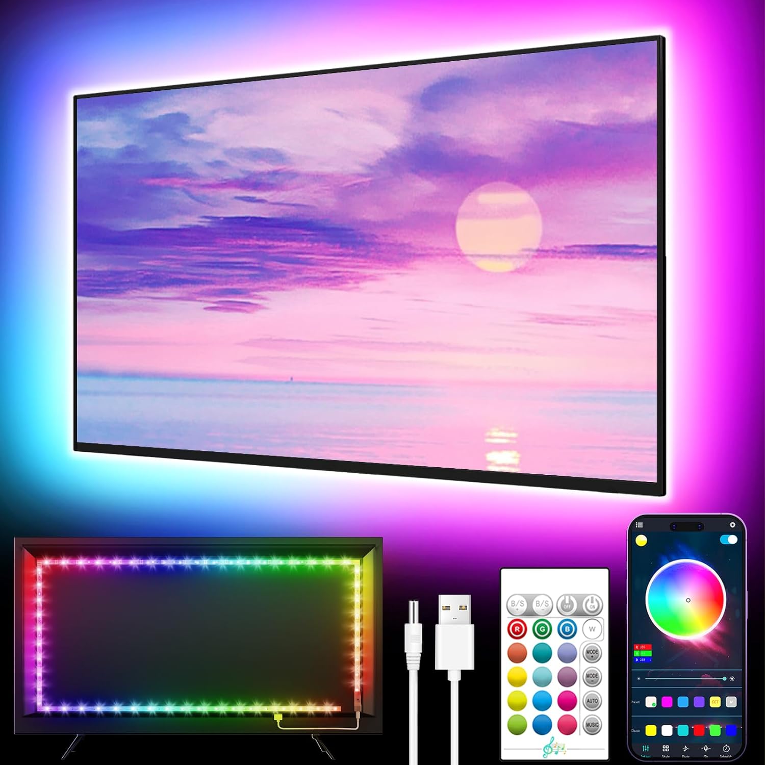LED TV Backlight Strip 5M – RGB Music Sync Bluetooth Lights for 45–75" TVs