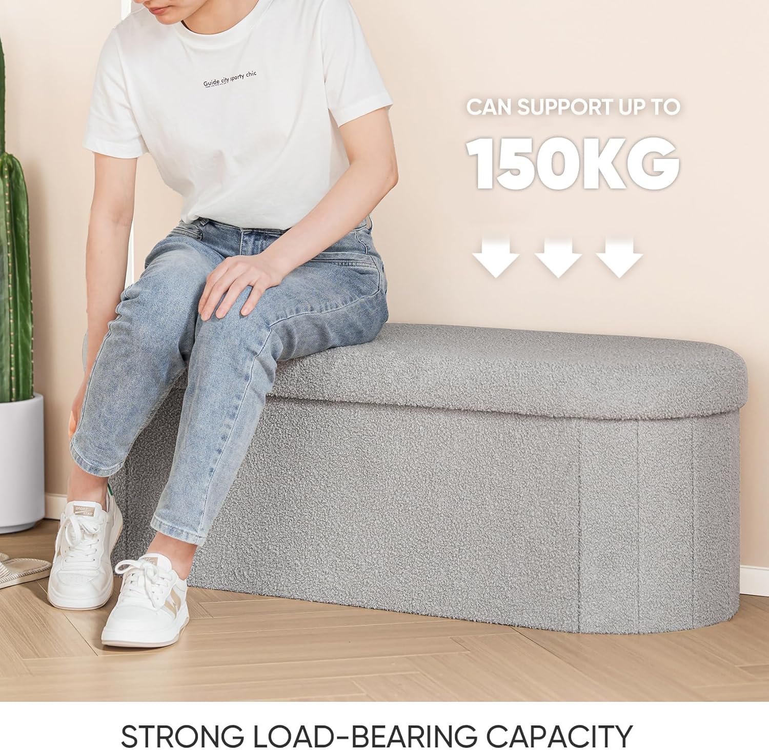 Boucle Ottoman Storage Bench – Folding End-of-Bed Stool, 100L Capacity