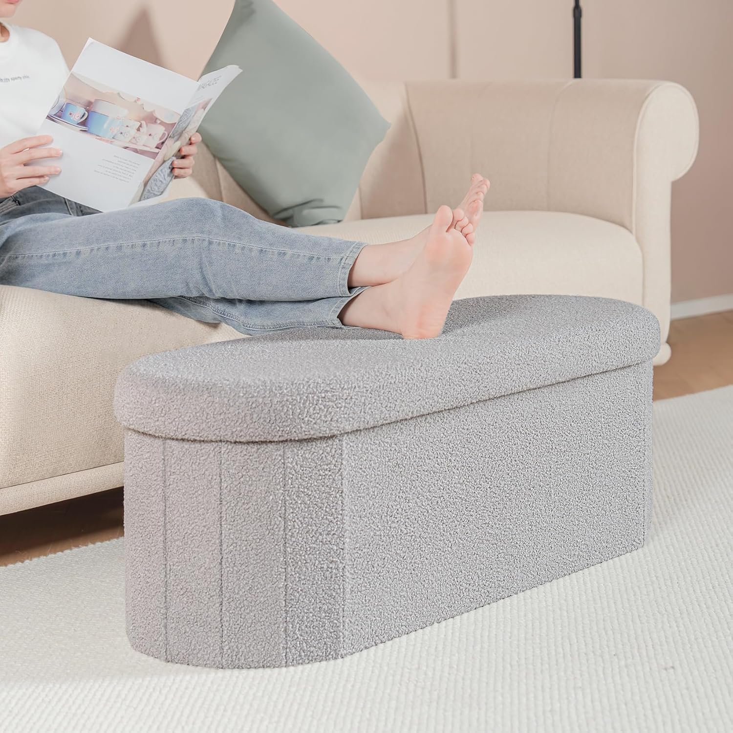 Boucle Ottoman Storage Bench – Folding End-of-Bed Stool, 100L Capacity
