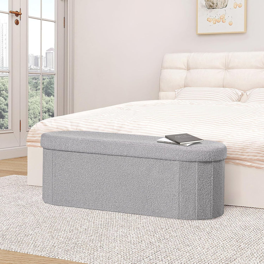 Boucle Ottoman Storage Bench – Folding End-of-Bed Stool, 100L Capacity