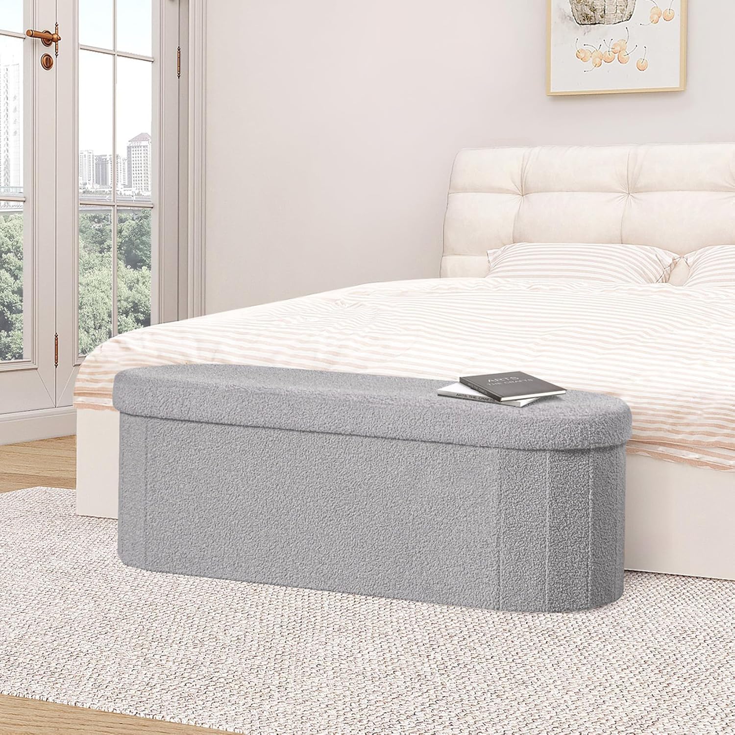 Boucle Ottoman Storage Bench – Folding End-of-Bed Stool, 100L Capacity